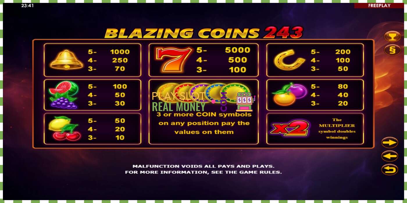 រន្ធដោត Blazing Coins 243 សម្រាប់ប្រាក់ពិត, រូបភាព - 4